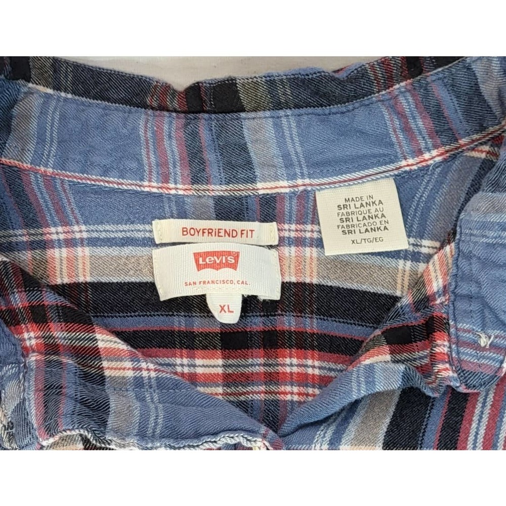 Levis Womens Flannel Shirt XL Boyfriend Fit Blue Plaid Button Up Barrel Cuff - Picture 2 of 10